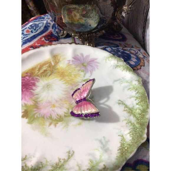 Vintage Enamel Butterfly Brooch Pin With Rhinestones Pink & Purple - Picture 7 of 12